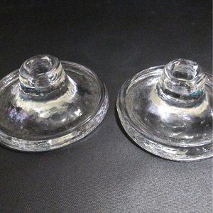Recycled Clear Glass Round Candlestick Holder Pair Large Flat Raised Rim 5"